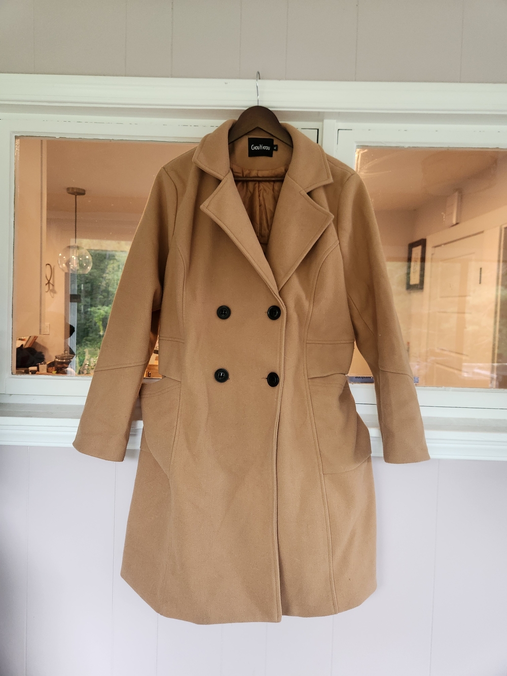 Women's Camel Double-Breasted Wool Blend Coat